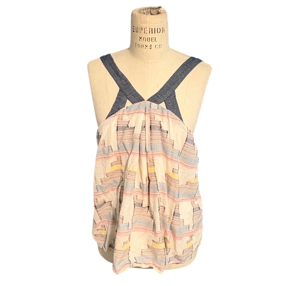 Lou & Grey Women Med Pink Blue Geometric‎ Cotton Halter Cami Tank Top Boho Retro